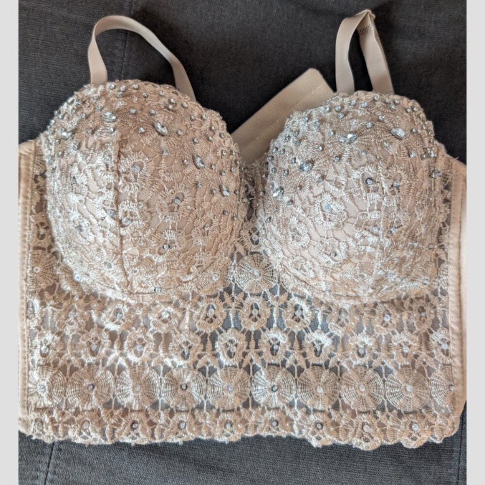 Trendy Nude Beige Bra Corset Style Top with Sequins and Stones Large